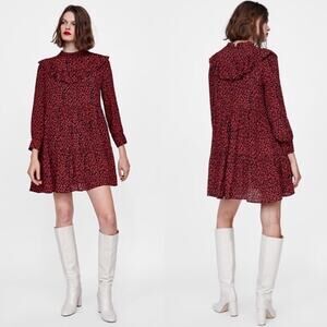 ZARA Ruffled Animal Print Dress Red Black Ruffle Womens Medium Mini Blogger Fav
